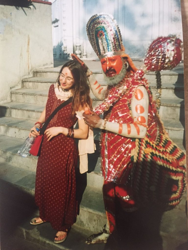 Large image of Deborah Bagg receiving spiritual blessings from Hanuman Sadhu in South Africa