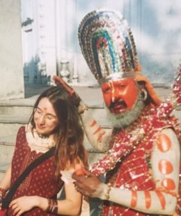Large image of Deborah Bagg receiving spiritual blessings from Hanuman Sadhu in South Africa